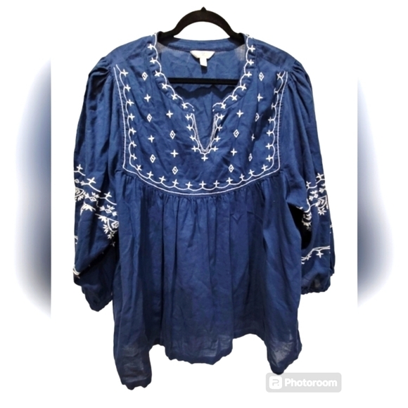 Size 20 Navy Blue Embroidered Tassle Sleeve V Neck Blouse - Picture 1 of 6